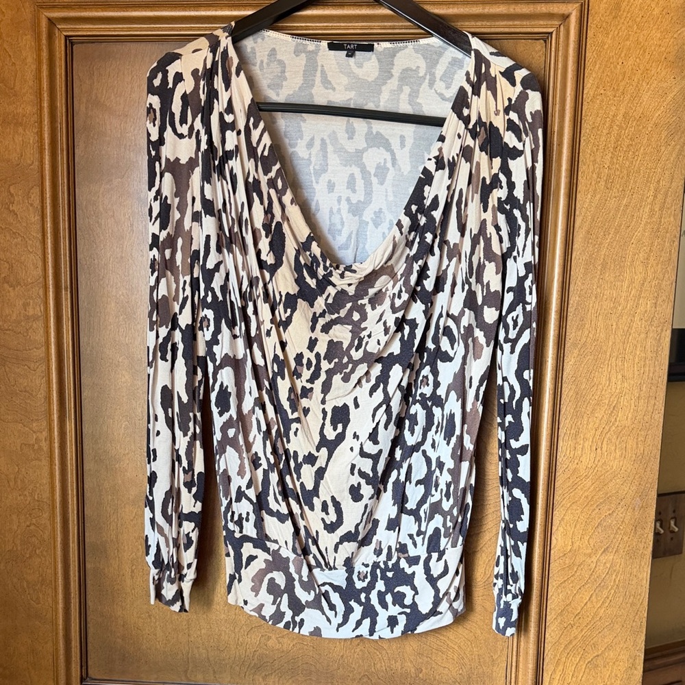 Tart Cowl Neck Long-Sleeve Animal Print Top in Taupe and Black